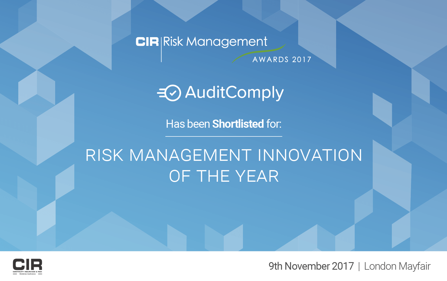 AuditComply Finalist for CIR Risk Management  Awards 2017